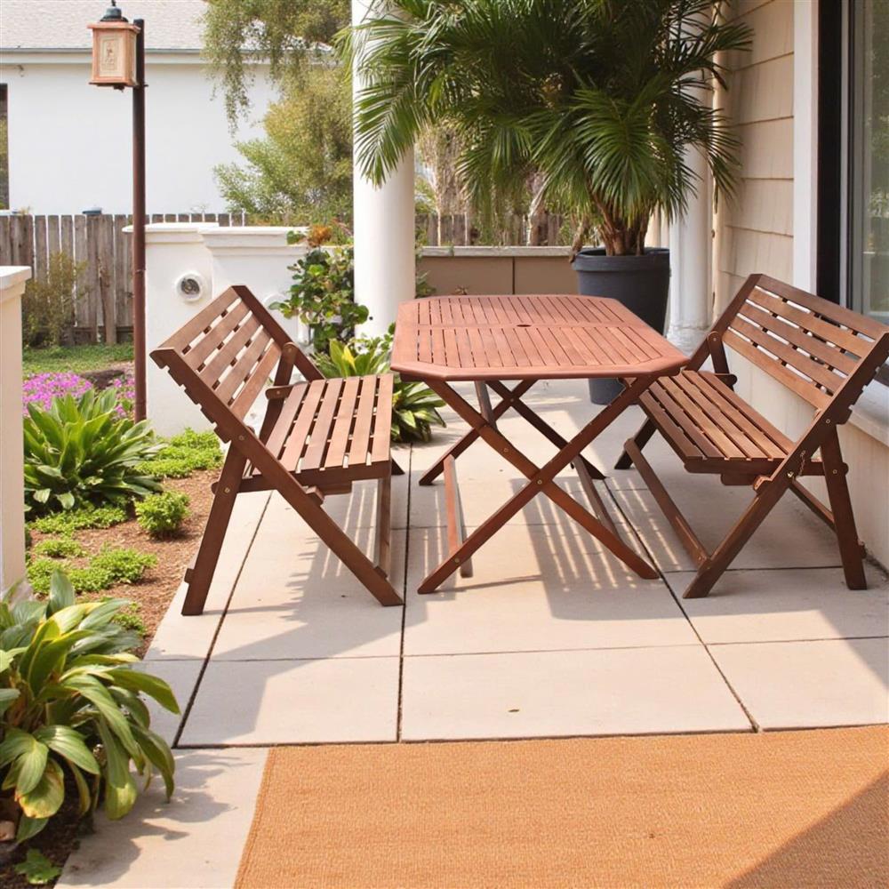 Combo Bàn Ghế Ngoài Trời Gấp Xếp A1402 SUNFURN (1 Bàn Gỗ Octa 140cm + 2 Ghế Bench 2 Chỗ Gỗ Dầu) - Bộ Bàn Ghế Ăn Sân Vườn, Cà Phê, Nhà Hàng
